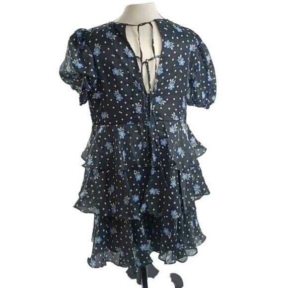 Sandy Liang Womens Size M Dress Black Floral Ruffle Tiered Puff Sleeve Mini - Picture 6 of 8